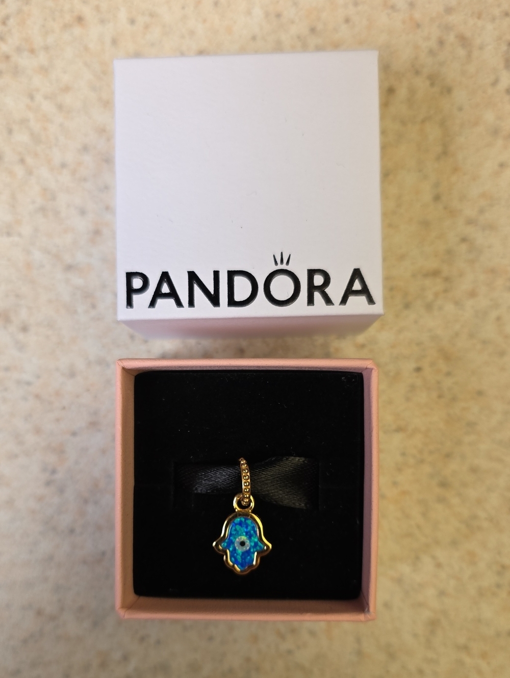 NEW Pandora Gold Opalescent Blue Hamsa Hand Dangle Charm + Original Box